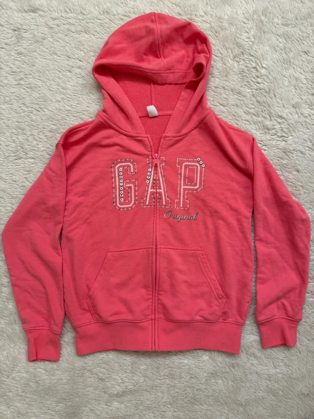 GAP Girls Coral Pink Rhinestone Logo Zip Hoodie size youth large
